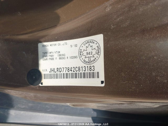 Aukcja sprzedaży 2002 Honda Cr-v Ex, vin: JHLRD77842C813183, numer aukcji: 12670013