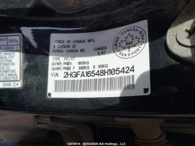 Продажа на аукционе авто 2008 Honda Civic Lx, vin: 2HGFA16548H105424, номер лота: 12670014