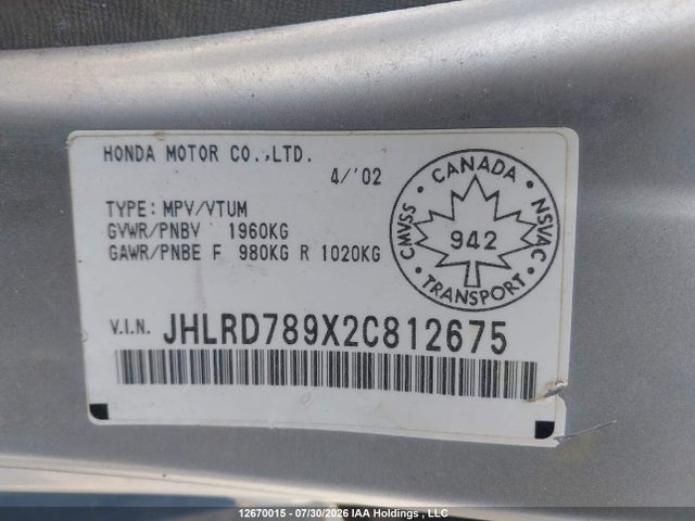 Продаж на аукціоні авто 2002 Honda Cr-v Ex, vin: JHLRD789X2C812675, номер лоту: 12670015