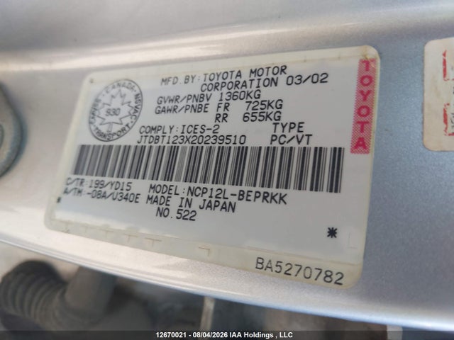 Aukcja sprzedaży 2002 Toyota Echo, vin: JTDBT123X20239510, numer aukcji: 12670021