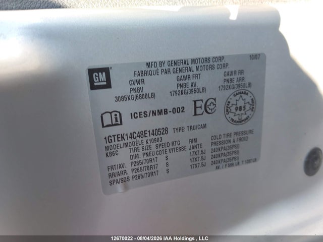 12670022 :رقم المزاد ، 1GTEK14C48E140528 vin ، 2008 Gmc Sierra 1500 Sle/wt مزاد بيع