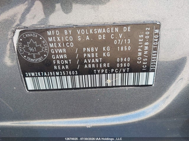 Auction sale of the 2014 Volkswagen Jetta Sedan, vin: 3VW2K7AJ9EM357603, lot number: 12670025
