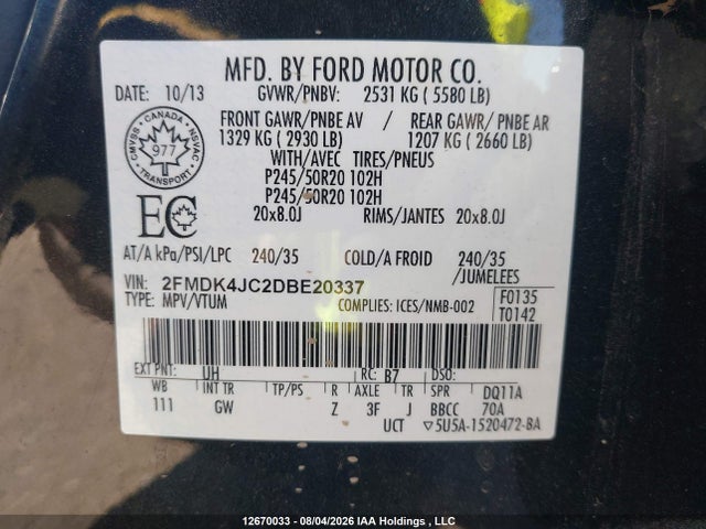 2013 Ford Edge Sel მანქანა იყიდება აუქციონზე, vin: 2FMDK4JC2DBE20337, აუქციონის ნომერი: 12670033