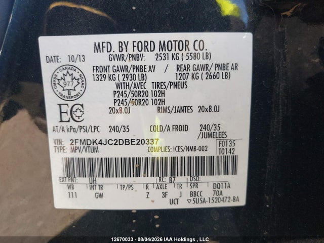 2013 Ford Edge Sel მანქანა იყიდება აუქციონზე, vin: 2FMDK4JC2DBE20337, აუქციონის ნომერი: 12670033