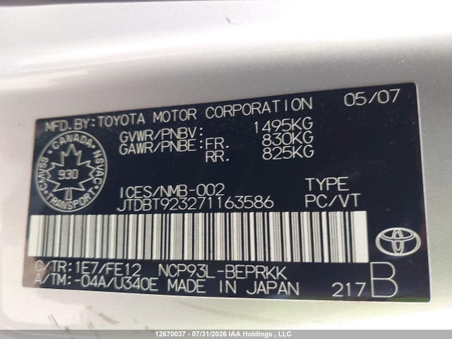 Продажа на аукционе авто 2007 Toyota Yaris, vin: JTDBT923271163586, номер лота: 12670037