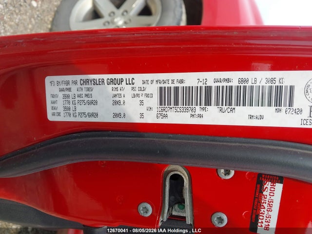 12670041 :رقم المزاد ، 1C6RD7MT5CS339703 vin ، 2012 Ram 1500 Sport مزاد بيع