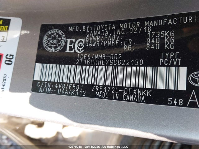 2T1BURHE7GC622130 Toyota COROLLA LE