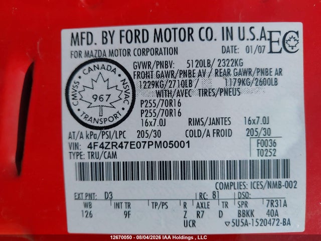 12670050 :رقم المزاد ، 4F4ZR47E07PM05001 vin ، 2007 Mazda B4000 Cab Plus مزاد بيع