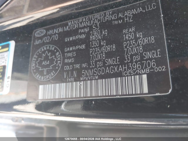 Продаж на аукціоні авто 2010 Hyundai Santa Fe, vin: 5NMSGDAGXAH396706, номер лоту: 12670055