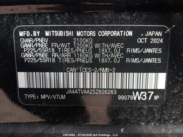 Aukcja sprzedaży 2025 Mitsubishi Eclipse Cross Gt/noir/se/sel, vin: JA4ATVAA2SZ606263, numer aukcji: 12670062