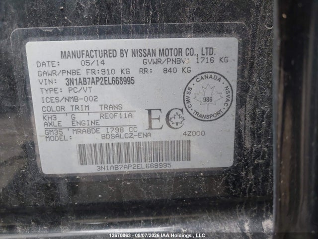 2014 Nissan Sentra 1.8 S/1.8 Sl/1.8 Sr/1.8 Sv/s მანქანა იყიდება აუქციონზე, vin: 3N1AB7AP2EL668995, აუქციონის ნომერი: 12670063