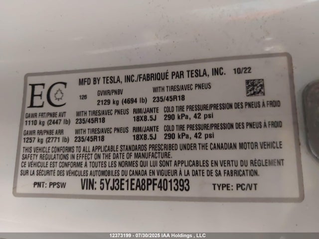 Продажа на аукционе авто 2023 Tesla Model 3 Rwd, vin: 5YJ3E1EA8PF401393, номер лота: 12373199