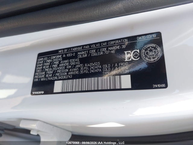 Aukcja sprzedaży 2019 Volvo Xc60 T6 Inscription, vin: LYVA22RL5KB362743, numer aukcji: 12670068