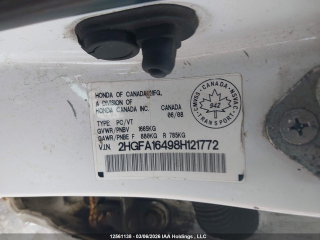 2008 Honda Civic Dx-g მანქანა იყიდება აუქციონზე, vin: 2HGFA16498H121772, აუქციონის ნომერი: 12561138