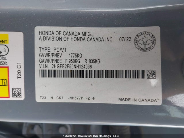 2HGFE2F55NH124036 Honda Civic Sport