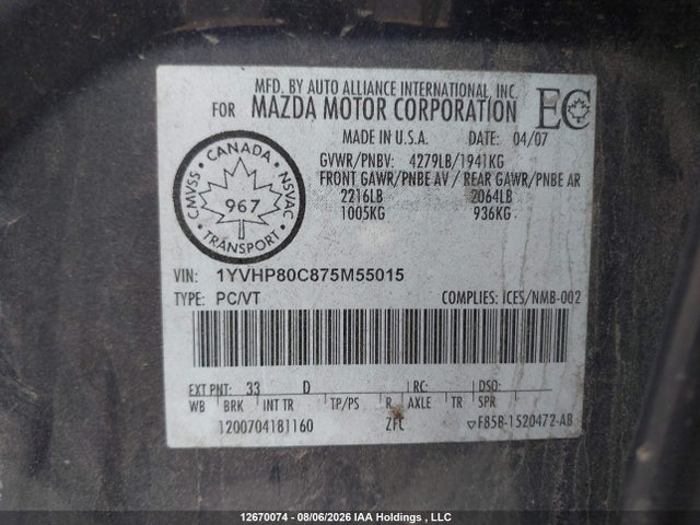 Aukcja sprzedaży 2007 Mazda 6, vin: 1YVHP80C875M55015, numer aukcji: 12670074