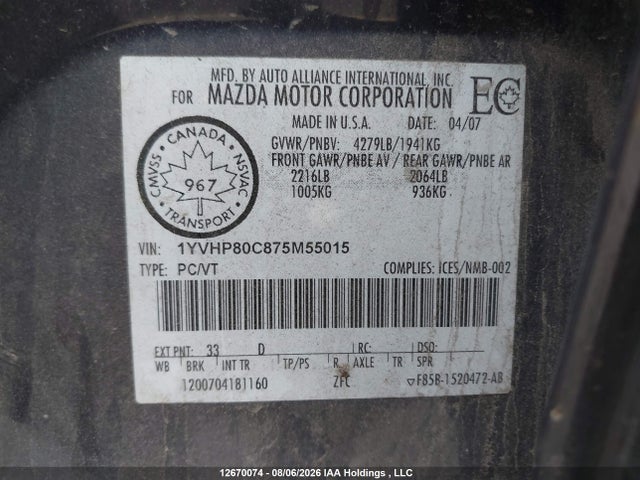 Aukcja sprzedaży 2007 Mazda 6, vin: 1YVHP80C875M55015, numer aukcji: 12670074