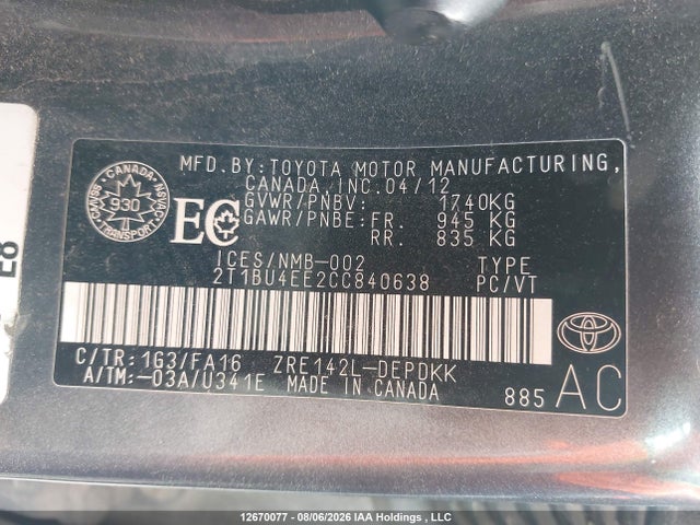 12670077 :رقم المزاد ، 2T1BU4EE2CC840638 vin ، 2012 Toyota Corolla مزاد بيع