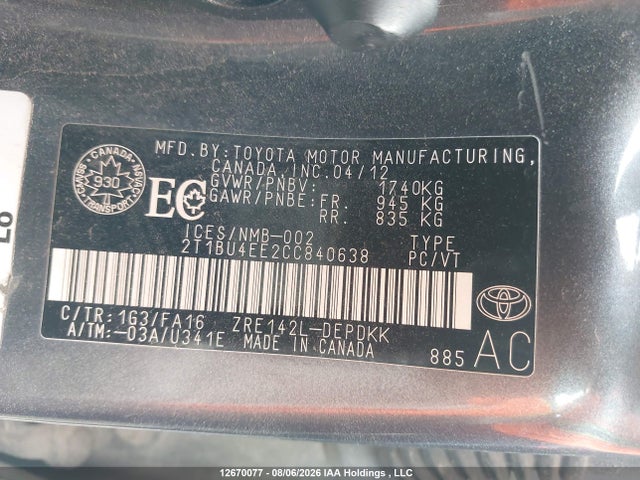 12670077 :رقم المزاد ، 2T1BU4EE2CC840638 vin ، 2012 Toyota Corolla مزاد بيع