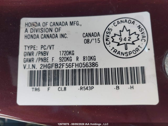2HGFB2F56FH056386 Honda CIVIC EX