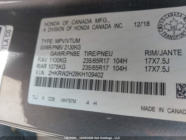 Honda CR-V LX 2019 2HKRW2H28KH109402 Image 9