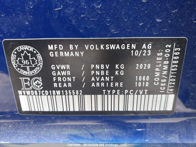 Aukcja sprzedaży 2024 Volkswagen Golf R, vin: WVWDB7CD1RW135582, numer aukcji: 12670090