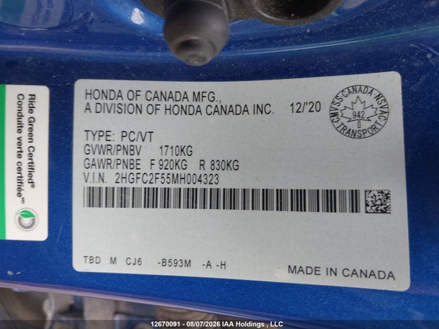 Продаж на аукціоні авто 2021 Honda Civic, vin: 2HGFC2F55MH004323, номер лоту: 12670091