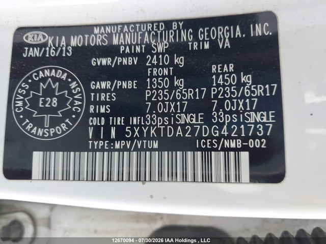 Продажа на аукционе авто 2013 Kia Sorento Lx V6, vin: 5XYKTDA27DG421737, номер лота: 12670094