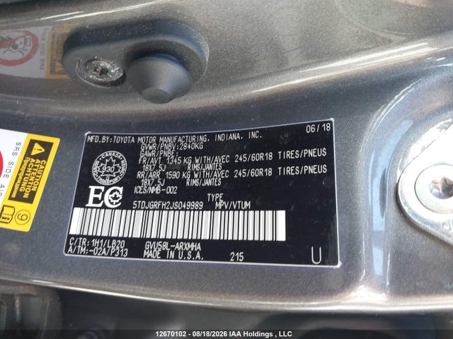 12670102 :رقم المزاد ، 5TDJGRFH2JS049989 vin ، 2018 Toyota Highlander Hybrid/xle مزاد بيع