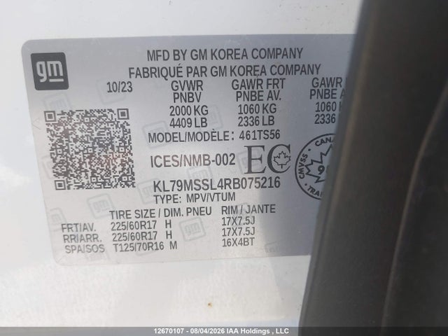 12670107 :رقم المزاد ، KL79MSSL4RB075216 vin ، 2024 Chevrolet Trailblazer Activ مزاد بيع