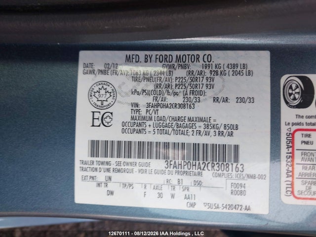 Продаж на аукціоні авто 2012 Ford Fusion Se, vin: 3FAHP0HA2CR308163, номер лоту: 12670111
