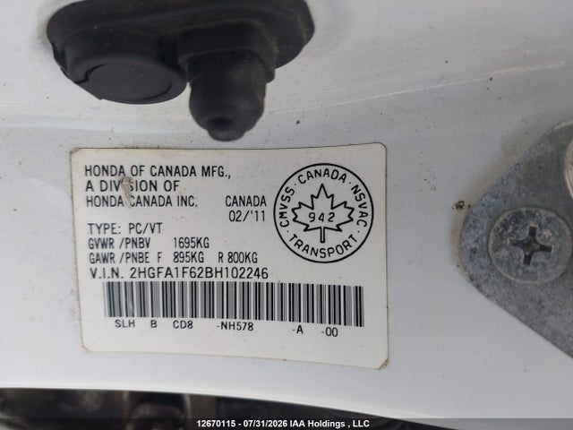 2011 Honda Civic Lx-s მანქანა იყიდება აუქციონზე, vin: 2HGFA1F62BH102246, აუქციონის ნომერი: 12670115
