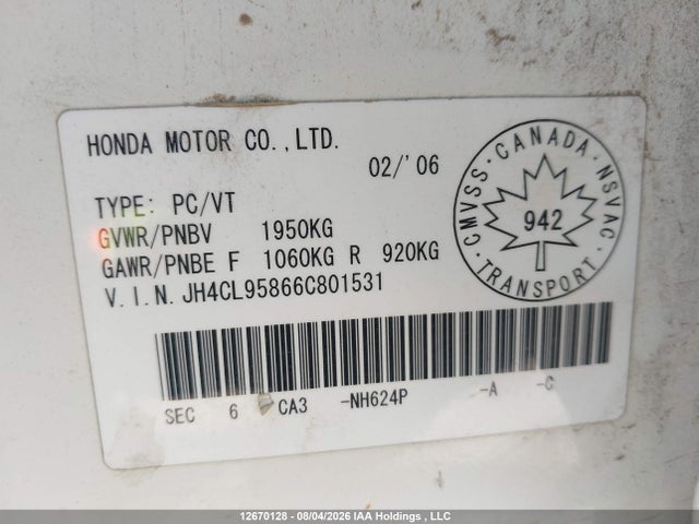 Aukcja sprzedaży 2006 Acura Tsx, vin: JH4CL95866C801531, numer aukcji: 12670128
