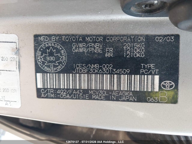 12670137 :رقم المزاد ، JTDBF30K630134509 vin ، 2003 Toyota Camry Le/xle مزاد بيع