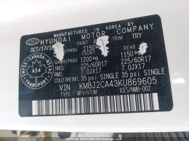 12670144 :رقم المزاد ، KM8J2CA43KU869605 vin ، 2019 Hyundai Tucson مزاد بيع