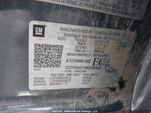 Aukcja sprzedaży 2021 Gmc Sierra 1500, vin: 1GTR9AEF8MZ206068, numer aukcji: 12670153