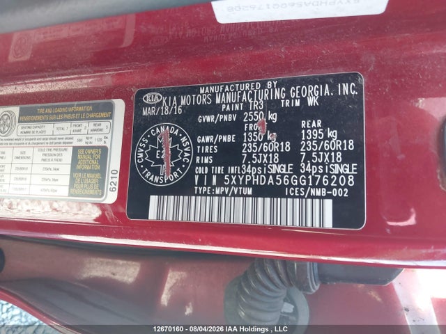 Продаж на аукціоні авто 2016 Kia Sorento 3.3l Ex/3.3l Ex+, vin: 5XYPHDA56GG176208, номер лоту: 12670160