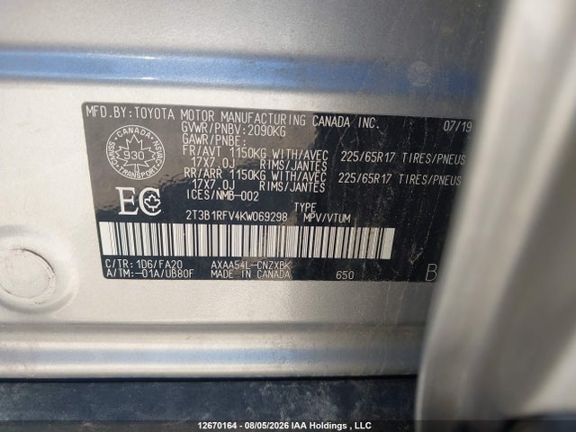 Toyota RAV4 LE 2019 2T3B1RFV4KW069298 Image 9