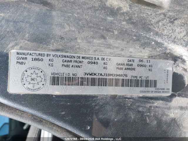 Продаж на аукціоні авто 2011 Volkswagen Jetta 2.0l Comfortline, vin: 3VWDK7AJ1BM394875, номер лоту: 12670165