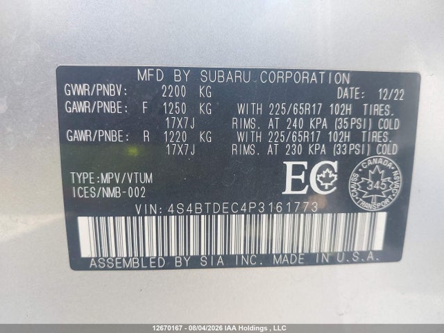 12670167 :رقم المزاد ، 4S4BTDEC4P3161773 vin ، 2023 Subaru Outback Touring مزاد بيع