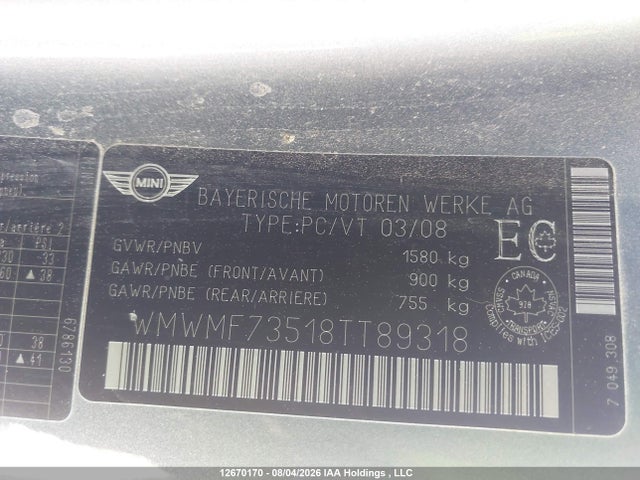Продаж на аукціоні авто 2008 Mini Cooper S, vin: WMWMF73518TT89318, номер лоту: 12670170