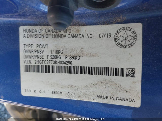 Honda CIVIC EX 2019 2HGFC2F73KH034290 Image 9