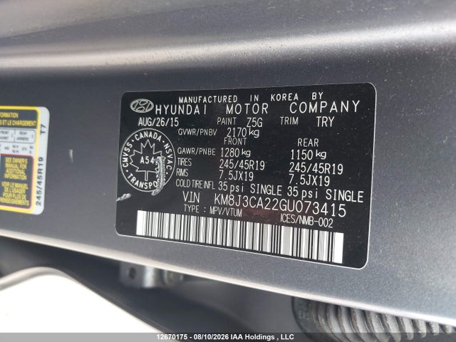 Aukcja sprzedaży 2016 Hyundai Tucson Limited/sport And Eco/se, vin: KM8J3CA22GU073415, numer aukcji: 12670175