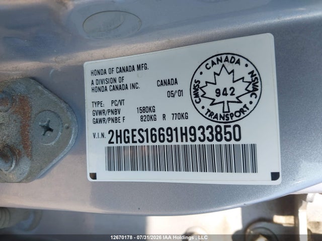 Продажа на аукционе авто 2001 Honda Civic Lx-g, vin: 2HGES16691H933850, номер лота: 12670178
