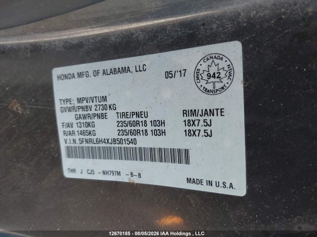 Honda ODYSSEY EX 2018 5FNRL6H4XJB501540 Image 9