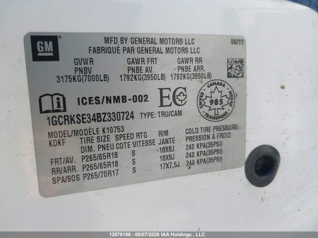 2011 Chevrolet Silverado 1500 Lt მანქანა იყიდება აუქციონზე, vin: 1GCRKSE34BZ330724, აუქციონის ნომერი: 12670186