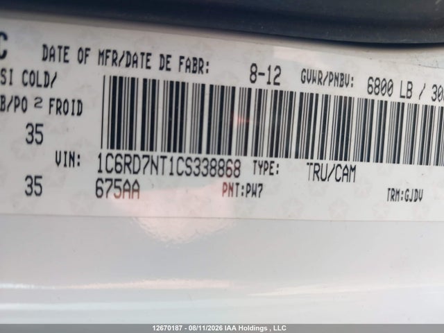 Aukcja sprzedaży 2012 Ram 1500, vin: 1C6RD7NT1CS338868, numer aukcji: 12670187