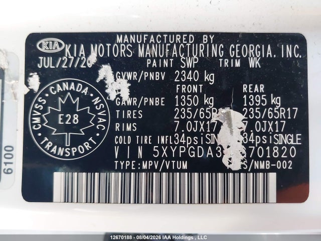 Продажа на аукционе авто 2020 Kia Sorento, vin: 5XYPGDA31LG701820, номер лота: 12670188