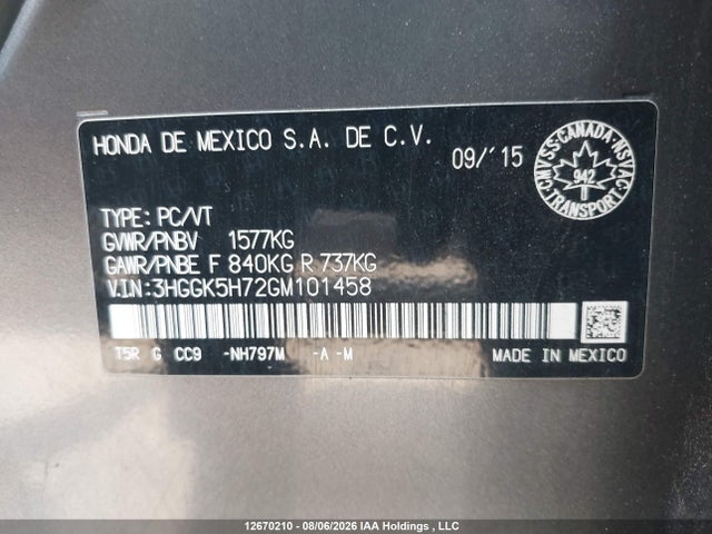 3HGGK5H72GM101458 Honda Fit Ex/exl