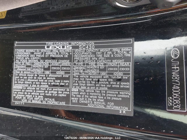 Aukcja sprzedaży 2004 Lexus Sc 430, vin: JTHFN48Y740060830, numer aukcji: 12670226